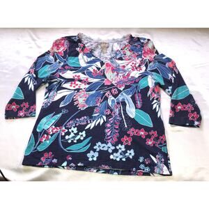 Chicos Shirt Floral Blue 3/4 Sleeve Sustainable Womens Size 1 / Med